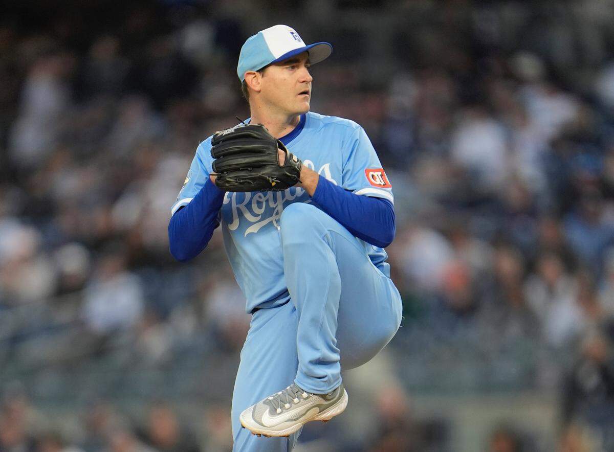 Kansas City Royals right-hander Seth Lugo pitches against the Yankees during a Monday, April 14, 2025 Major League Baseball game at Yankee Stadium in New York.