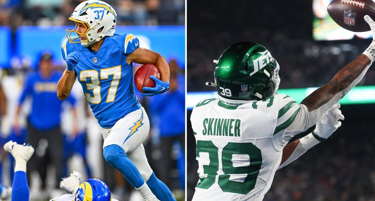 Two former Kansas Jayhawks receivers, Luke Grimm of the L.A. Chargers (left) and Quentin Skinner of the New York Jets, scored touchdowns in preseason NFL games on Sunday, Aug. 16, 2025. And their former QB, still at Kansas, took notice.