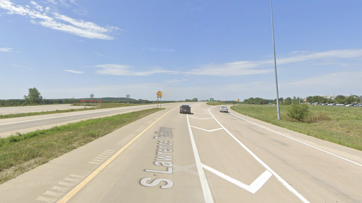 Two toddlers are in critical condition following a three-vehicle crash on K-10 in Lawrence, Kansas on Wednesday, May, 20, 2026. This Google Maps Street View image of the area is from August 2024.