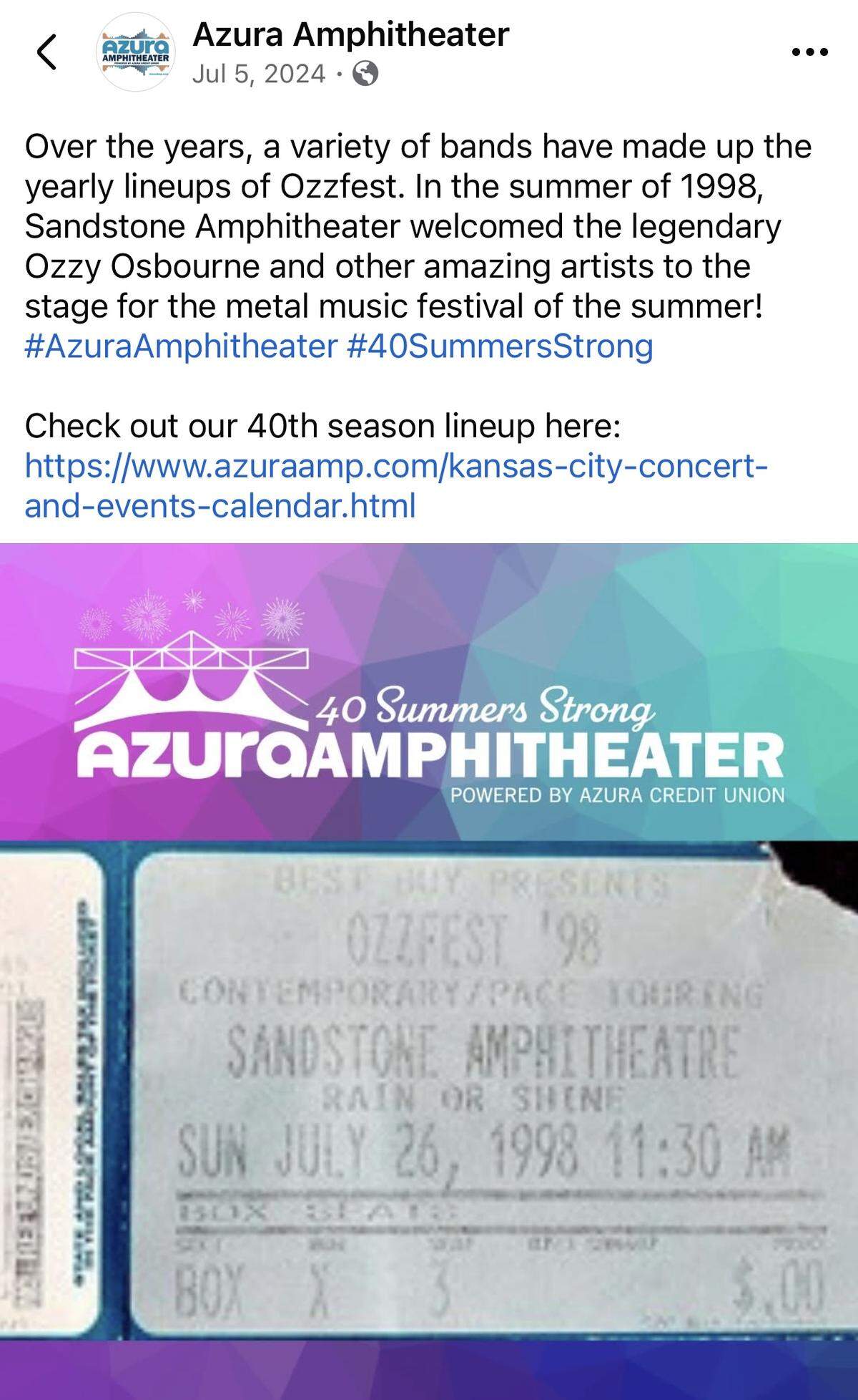 A ticket to Ozzfest 1998 in Bonner Springs, Kansas.