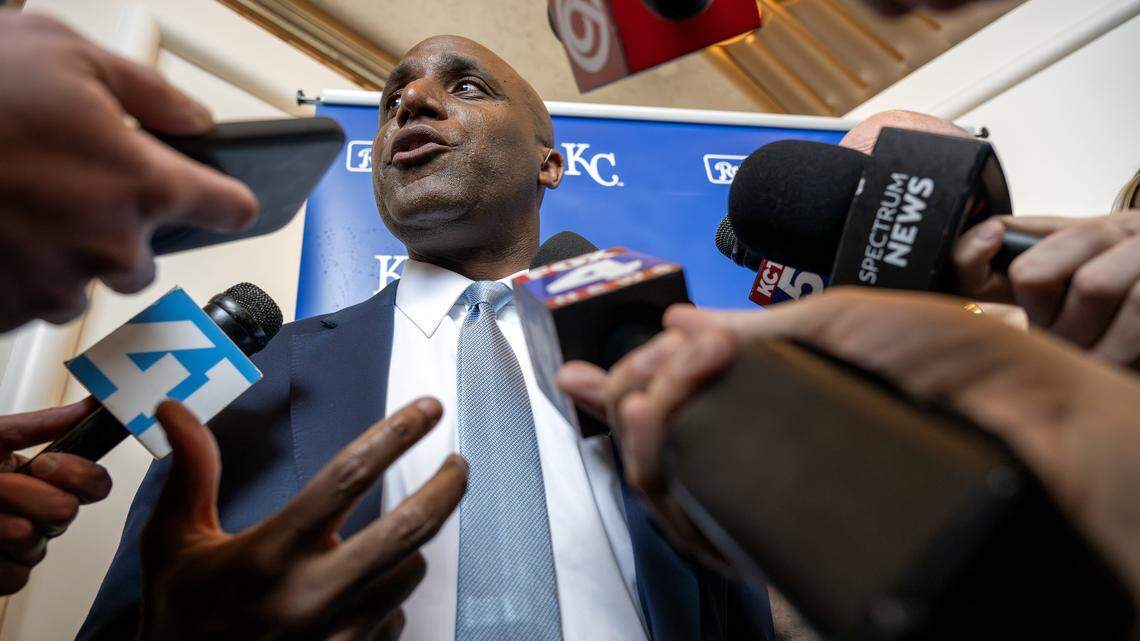 Kansas City Mayor Quinton Lucas answers questions from the media during a ceremony announcing the Kansas City Royals' move to Crown Center on Wednesday, April 22, 2026, in Kansas City.