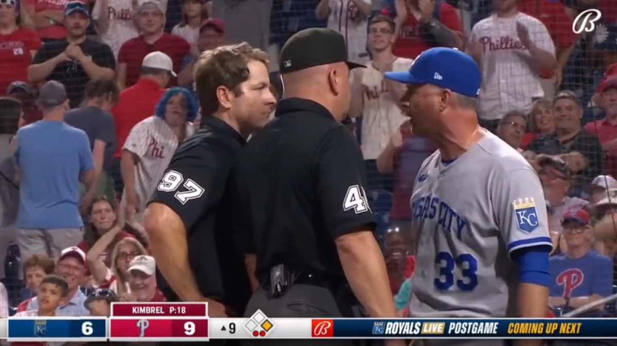 Kansas City Royals manager Matt Quatraro disagrees with a called strike 3 during the ninth inning of the Royals’ game against the Philadelphia Phillies on Aug. 5, 2023.