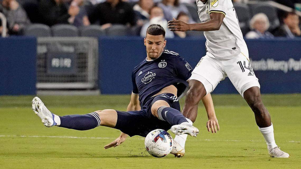 Sporting KC will likely open the 2023 MLS season on Saturday at the Portland Timbers featuring a starting backline of Robert Voloder, pictured, and Andreu Fontas.