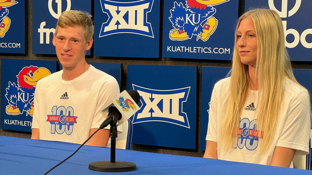 Kansas’ Chandler Gibbens, left, placed first in the 1,500 while teammate Rylee Anderson earned first in the high jump at the 2023 Kansas Relays at Rock Chalk Park.