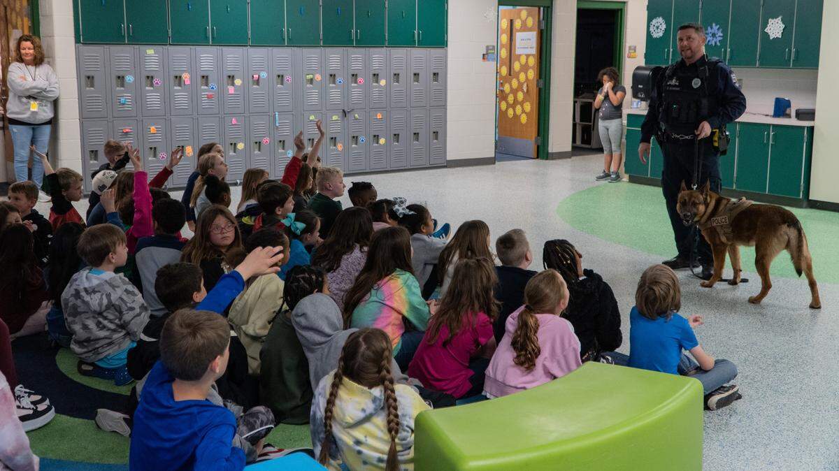 Heatherstone Elementary School’s third-graders have been reading “Aero and Officer Mike,” a story about a police officer and his K9 Unit. Students recently got a demonstration from an Olathe police officer and his K9, Kodi. The officer instructed the students about what his dog does specifically to assist the Olathe Police Department and what other police dogs can do.