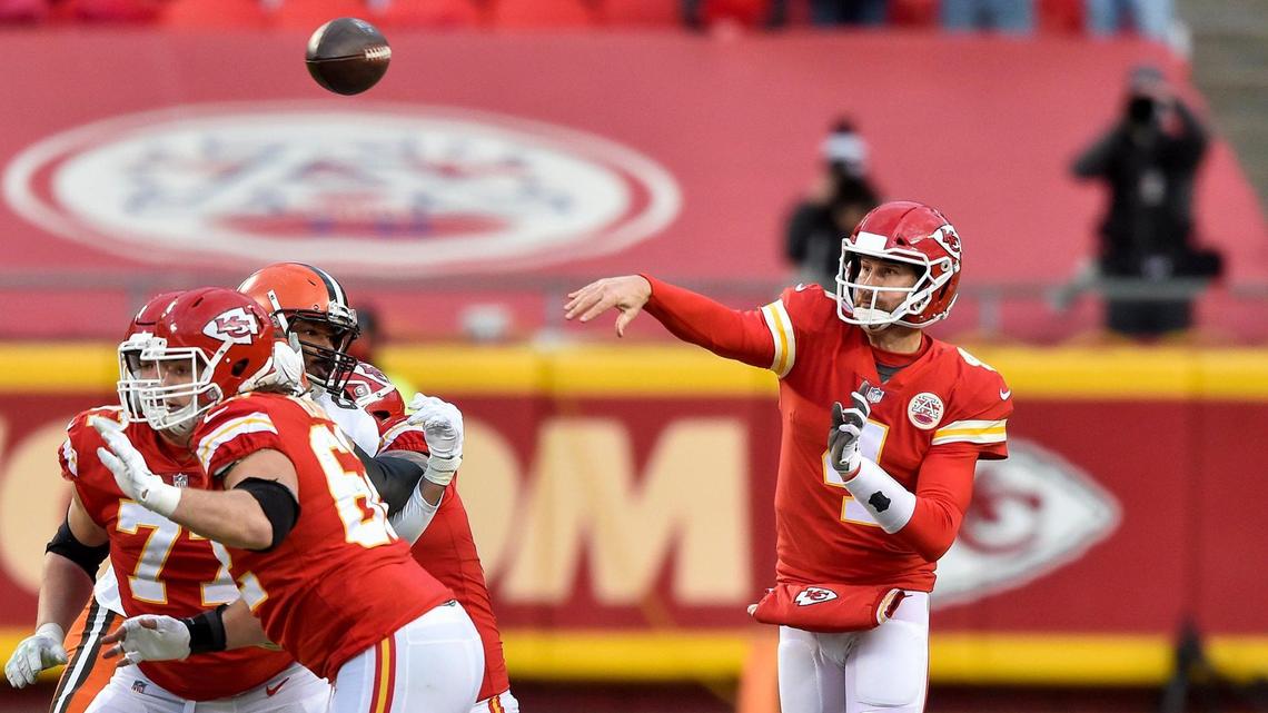 Kansas City Chiefs backup quarterback Chad Henne throws in the fourth quarter of the AFC Divisional Playoff game between the Chiefs and the Cleveland Browns at Arrowhead Stadium Sunday, Jan. 17, 2021. Patrick Mahomes left the game in the third quarter after an injury that was later ruled a concussion. The Chiefs defeated the Browns 22-17.
