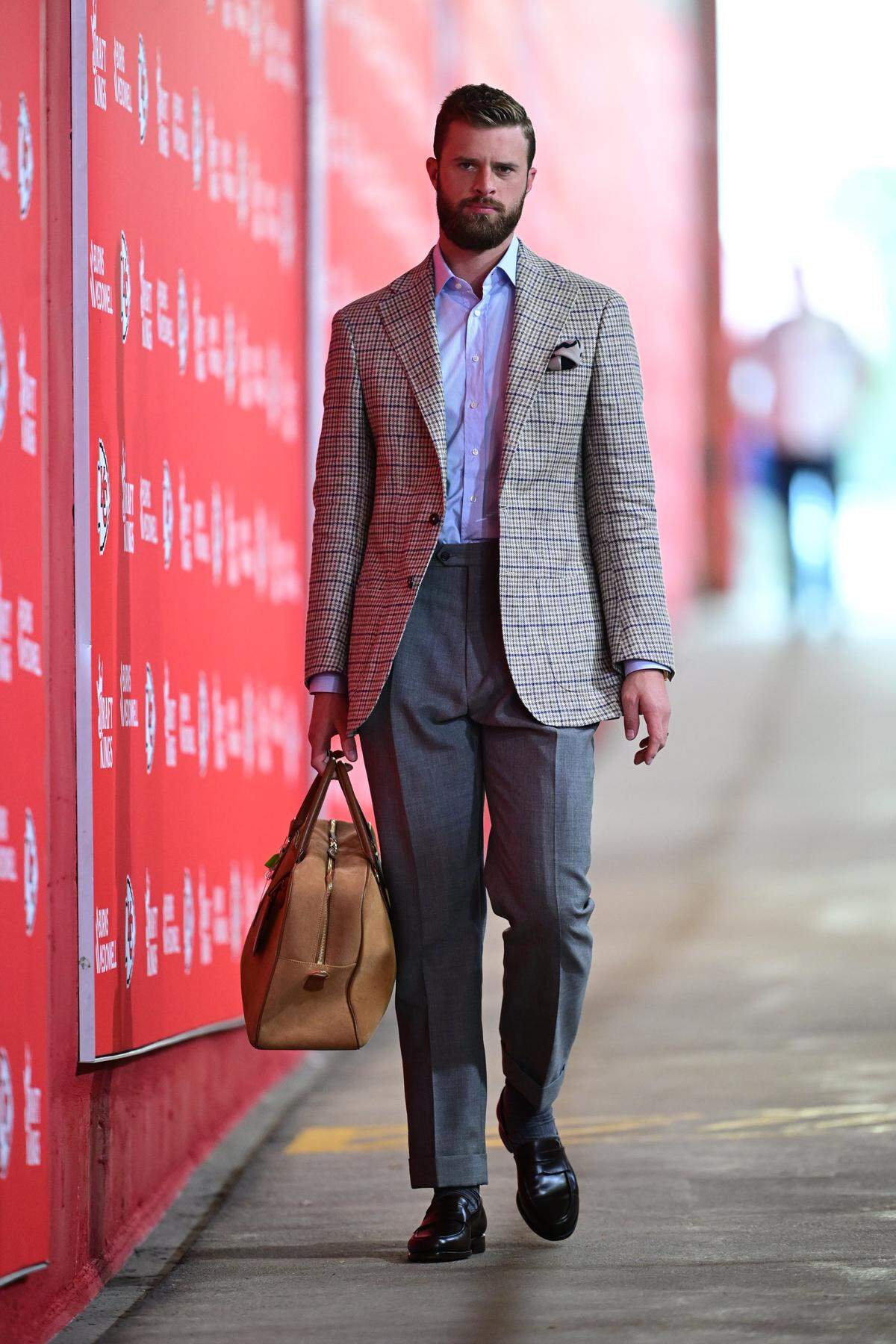 Kansas City Chiefs kicker Harrison Butker arrives before the game with the Detroit Lions on Sunday, Oct. 12, 2025, at GEHA Field at Arrowhead Stadium.