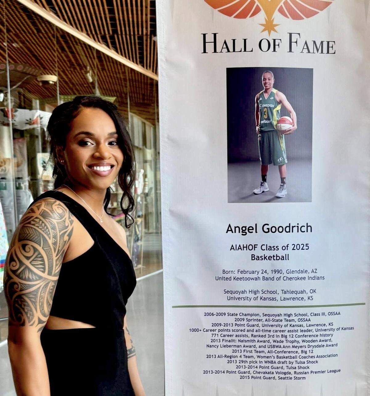 Angel Goodrich on May 2, 2025, was enshrined in the National American Indigenous Athletics Hall of Fame. She is KU’s all-time leader in assists in women’s basketball.