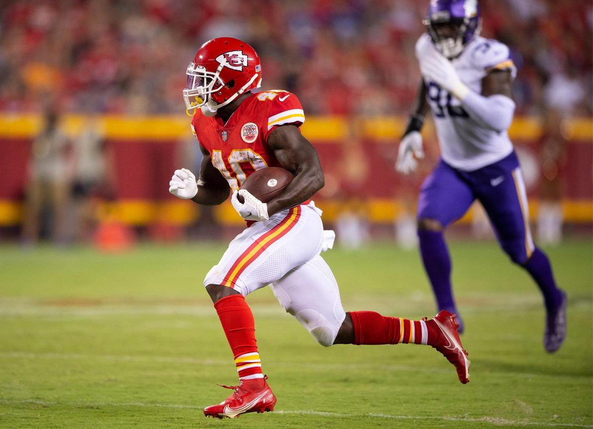 Kansas City Chiefs running back Derrick Gore (40) ran for a touchdown during the second half against the Minnesota Vikings on Friday, Aug. 27, at Arrowhead Stadium in Kansas City.