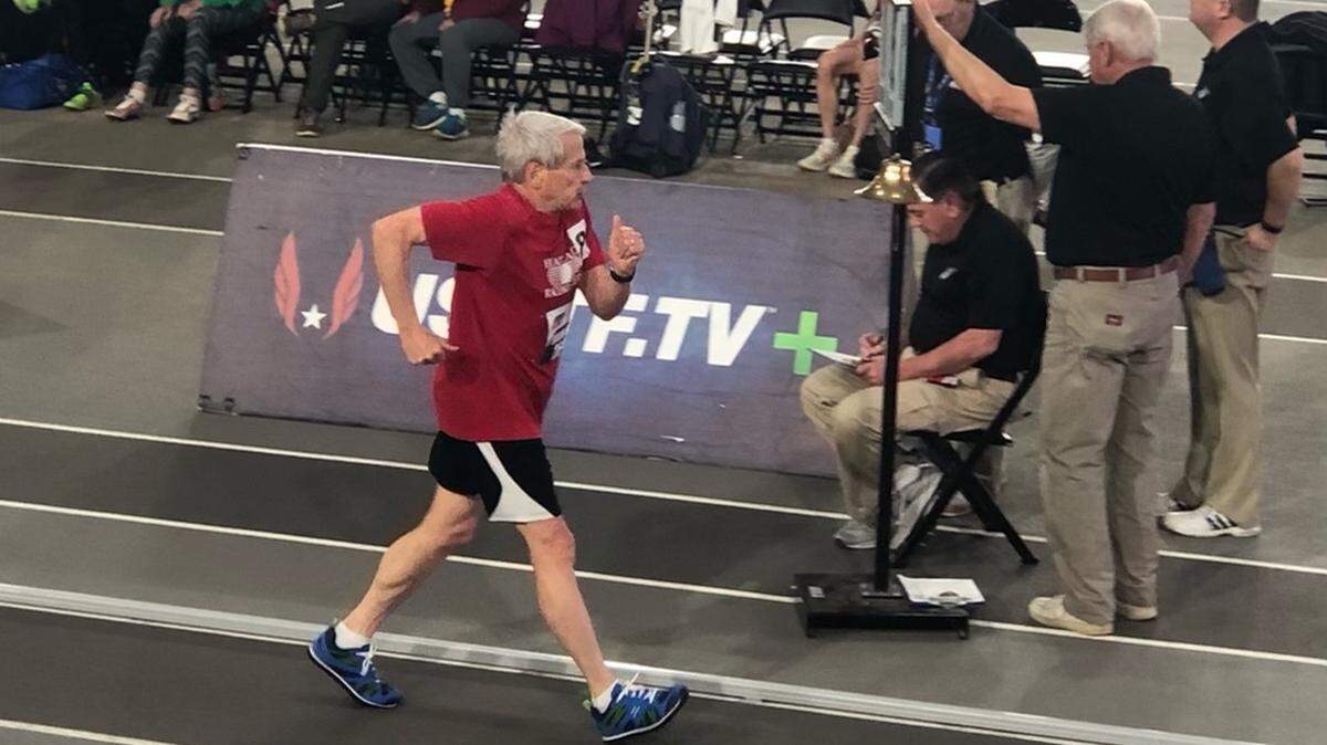 David Eisenberg competes at the USA Track & Field Masters Indoor Championships in Louisville, Kentucky. He won a gold medal in the 1,500-meter walk race and a silver in the 3,000 meter.