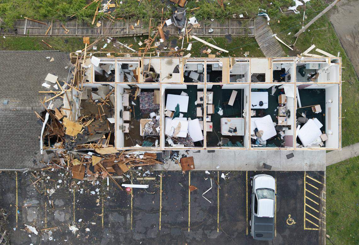 Damage was visible at the Knights Inn, 1641 S. Main St., on Tuesday, April 14, 2026, in Ottawa, Kansas, after a tornado moved through the town Monday night. 