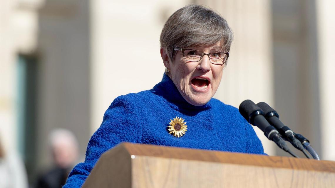 Kansas Gov. Laura Kelly speaks during an inauguration ceremony on the south steps of the Kansas Capitol building on Monday, Jan. 9, 2023, in Topeka.
