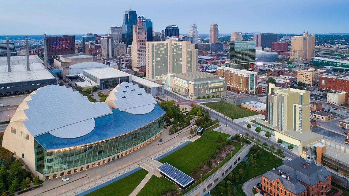 An architectural rendering from three years ago shows the Loews Kansas City Hotel at the top, the Kauffman Center for the Performing Arts on the left and the proposed Hotel Bravo on the right.