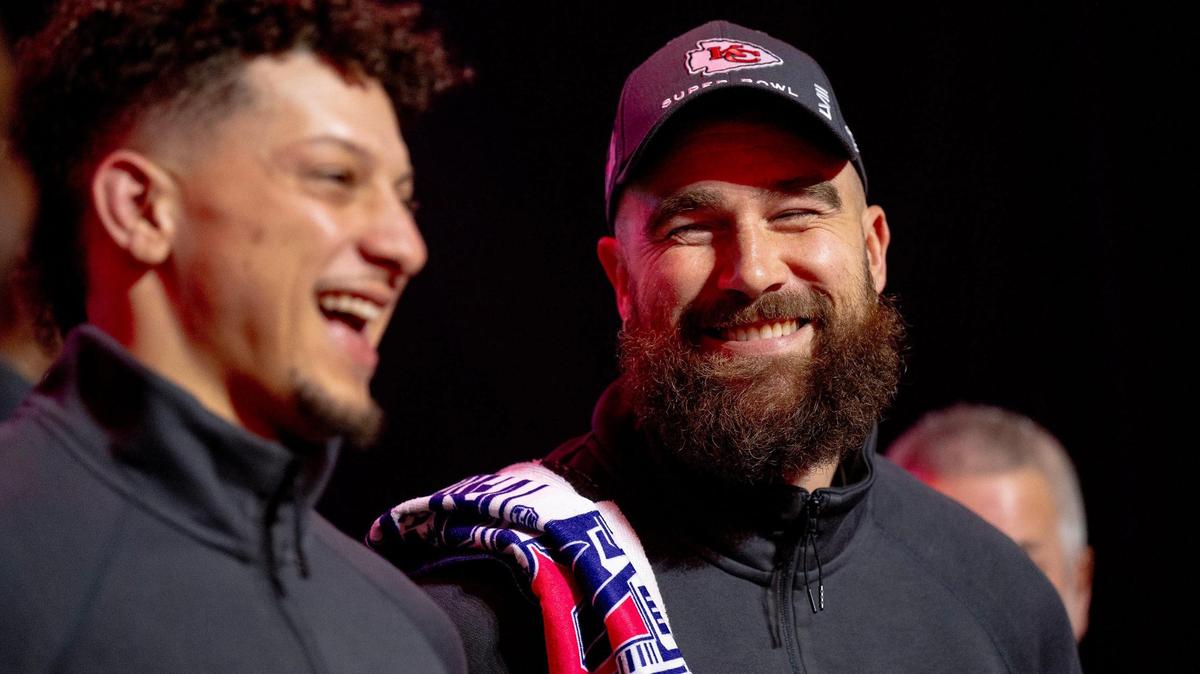 Kansas City Chiefs tight end Travis Kelce, right, laughs with quarterback Patrick Mahomes during Super Bowl LVIII’s Opening Night event at Allegiant Stadium on Monday, Feb. 5, 2024, in Las Vegas.