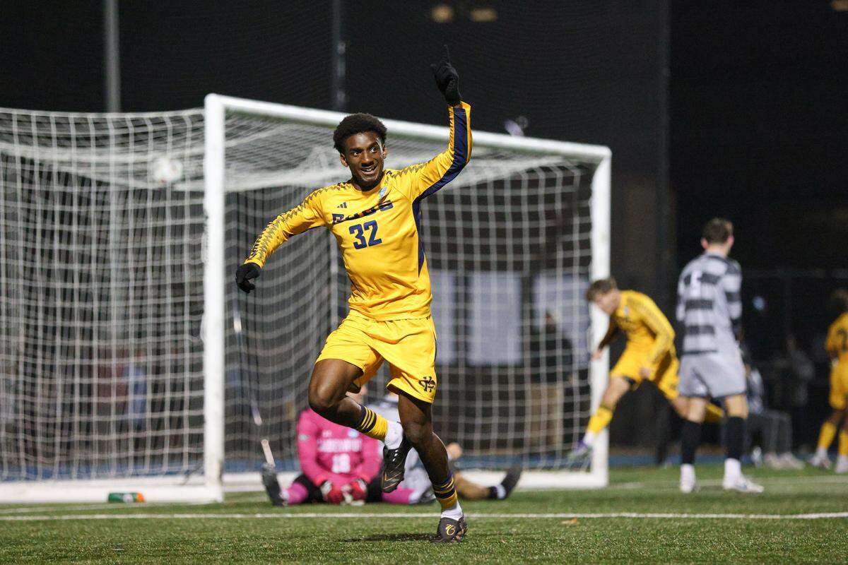 Kevin Nkumu of the Kansas City Roos celebrates his goal, the only one of the match, as UMKC beat visiting Lindenwood University 1-0 in a first-round NCAA Men’s Soccer Tournament match in Kansas City on Thursday, Nov. 20, 2025.