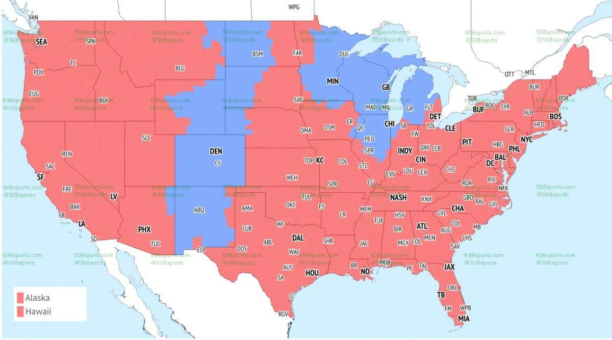 The Chiefs-Chargers game will be seen in the red areas, while those in blue will watch the Broncos-Packers game.