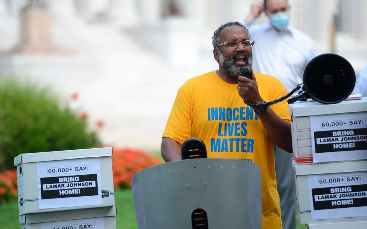 Missouri NAACP President Rod Chapel speaks during a rally for Kevin Strickland and Lamar Johnson on Monday, Aug. 30, 2021, outside the Missouri Attorney General’s Office in Jefferson City.