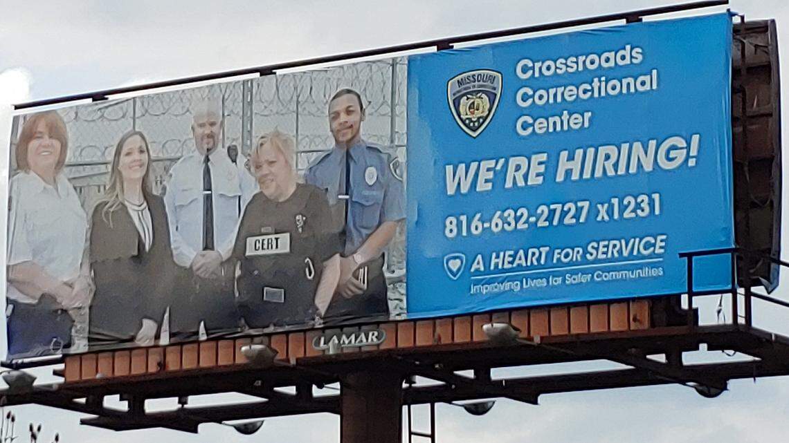 A billboard facing northbound traffic on Interstate 35 near Kearney advertises the state’s efforts to hire more staff for Crossroads Correctional Center some 30 miles north in Cameron, Mo.