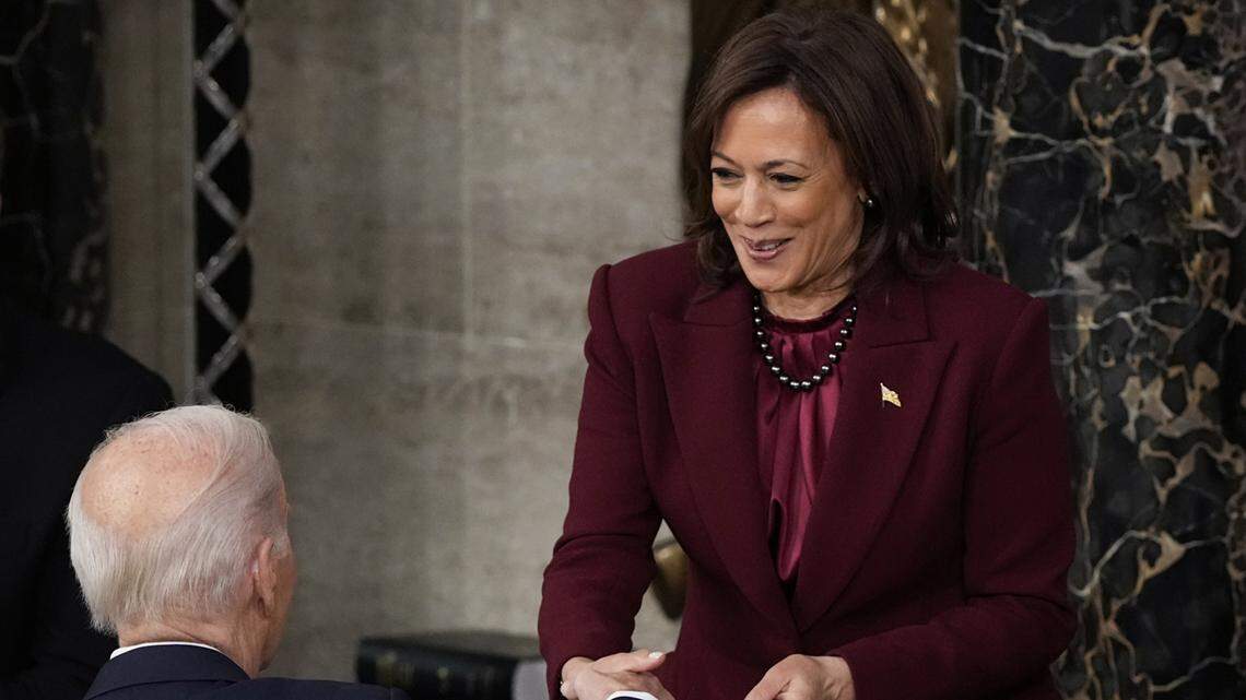 Speaker of the House Kevin McCarthy of Calif., looks on as Vice President Kamala Harris congratulates President Joe Biden after he delivered the State of the Union address to a joint session of Congress at the U.S. Capitol, Tuesday, Feb. 7, 2023, in Washington. (AP Photo/Susan Walsh)