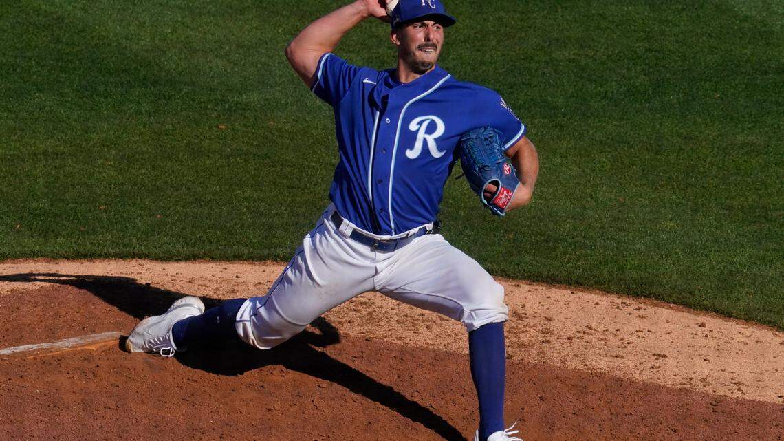 Kansas City Royals’ Kyle Zimmer pitches during a spring training baseball game against the Los Angeles Dodgers, Friday, March 5, 2021, in Surprise, Ariz. (AP Photo/Sue Ogrocki)