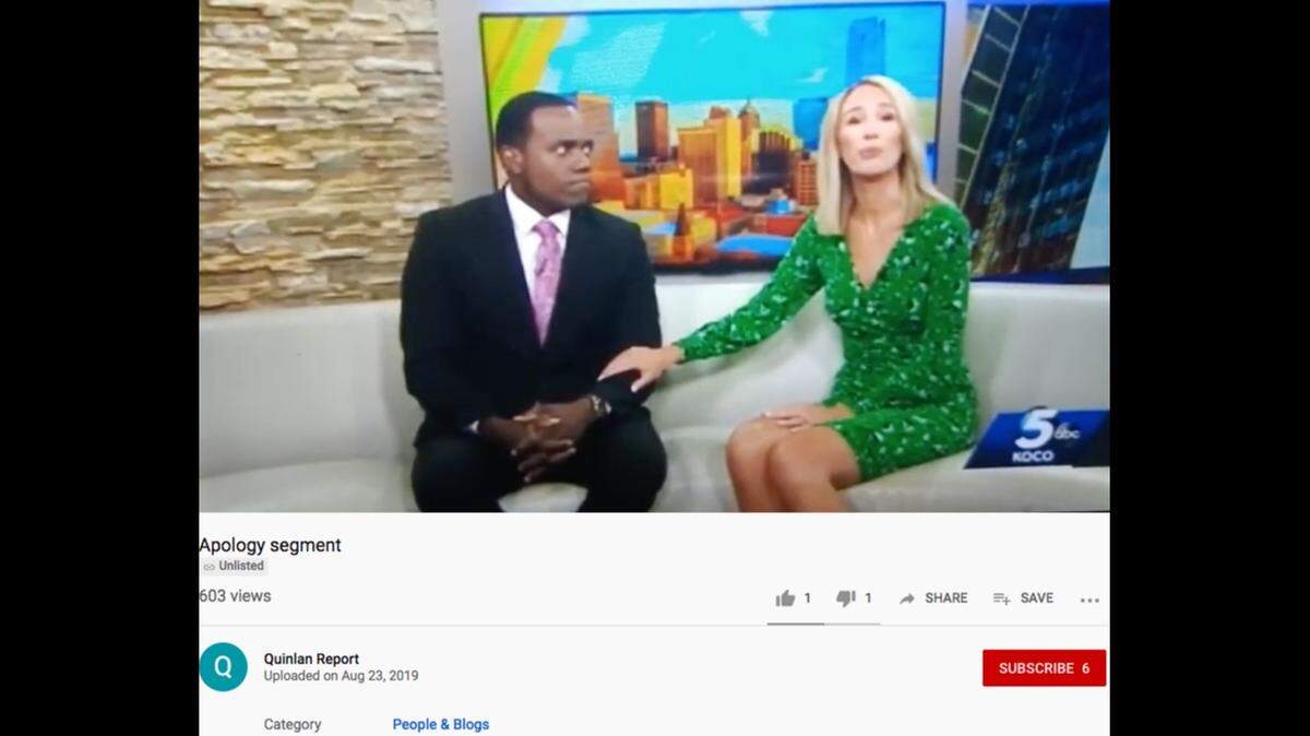 KOCO TV anchor Alex Housden apologized to black co-anchor Jason Hackett for comparing him to a gorilla during a broadcast. Screengrab from Quinlan Report’s YouTube.