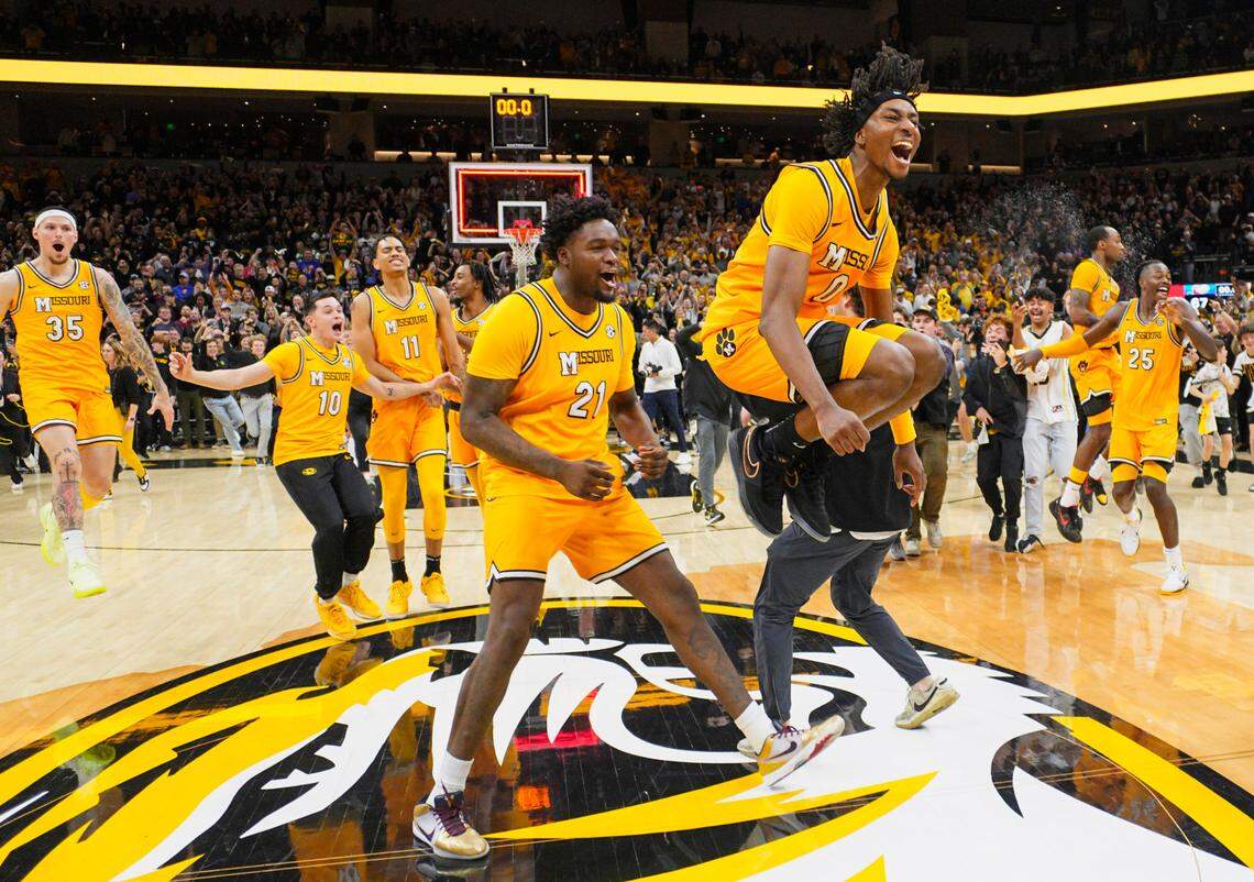 The Missouri Tigers celebrate MU’s men’s basketball defeat of the No. 1-ranked Kansas Jayhawks at Mizzou Arena in Columbia on Sunday, Dec 8, 2024.