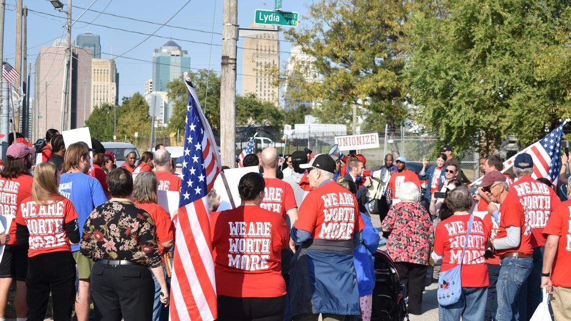 IRIS microtransit drivers and union allies rally outside program operator zTrip’s headquarters on Kansas City’s East Side on Thursday, Oct. 10, 2024.