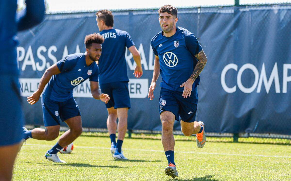 Erik Palmer-Brown, left, Christian Pulisic and others work out at the Compass Minerals Performance Center in Kansas City, Kan., on Friday ahead of Sunday’s USMNT match against Uruguay at Children’s Mercy Park.