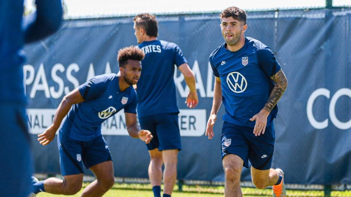 Erik Palmer-Brown, left, Christian Pulisic and others work out at the Compass Minerals Performance Center in Kansas City, Kan., on Friday ahead of Sunday’s USMNT match against Uruguay at Children’s Mercy Park.