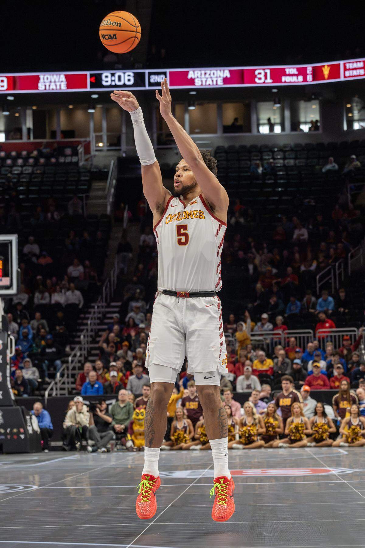 Iowa State Cyclones forward Joshua Jefferson (5) shoots a three point basket against the Arizona State Sun Devils during the second half of a Big 12 Men's Basketball Tournament game at T-Mobile Center on Wednesday, March 11, 2026, in Kansas City.