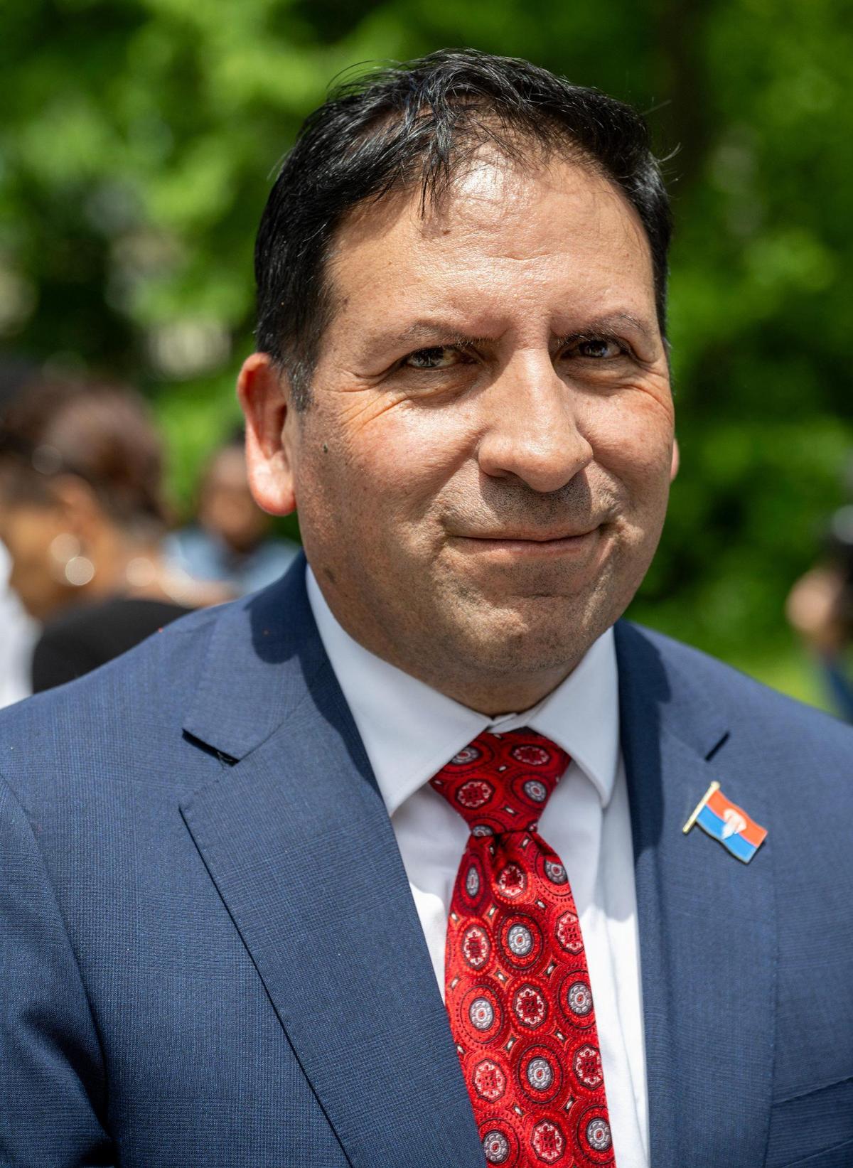 Kansas City Manager Mario Vasquez attends the unveiling of the Children’s Memorial at Hibbs Park on Thursday, May 15, 2025, in Kansas City.