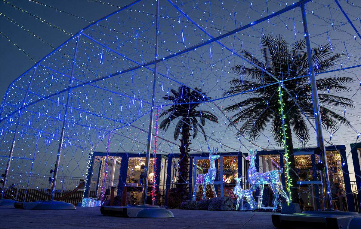 The Frosted Cabanas, a unique holiday pop-up event that opens on Wednesday, November 19, 2025, at The Margaritaville Hotel Kansas City, are seen on Monday, November 17, 2025, in Kansas City Kansas. Six cabanas decorated in a festive, laid back themes are available to rent for groups of up 10 people.