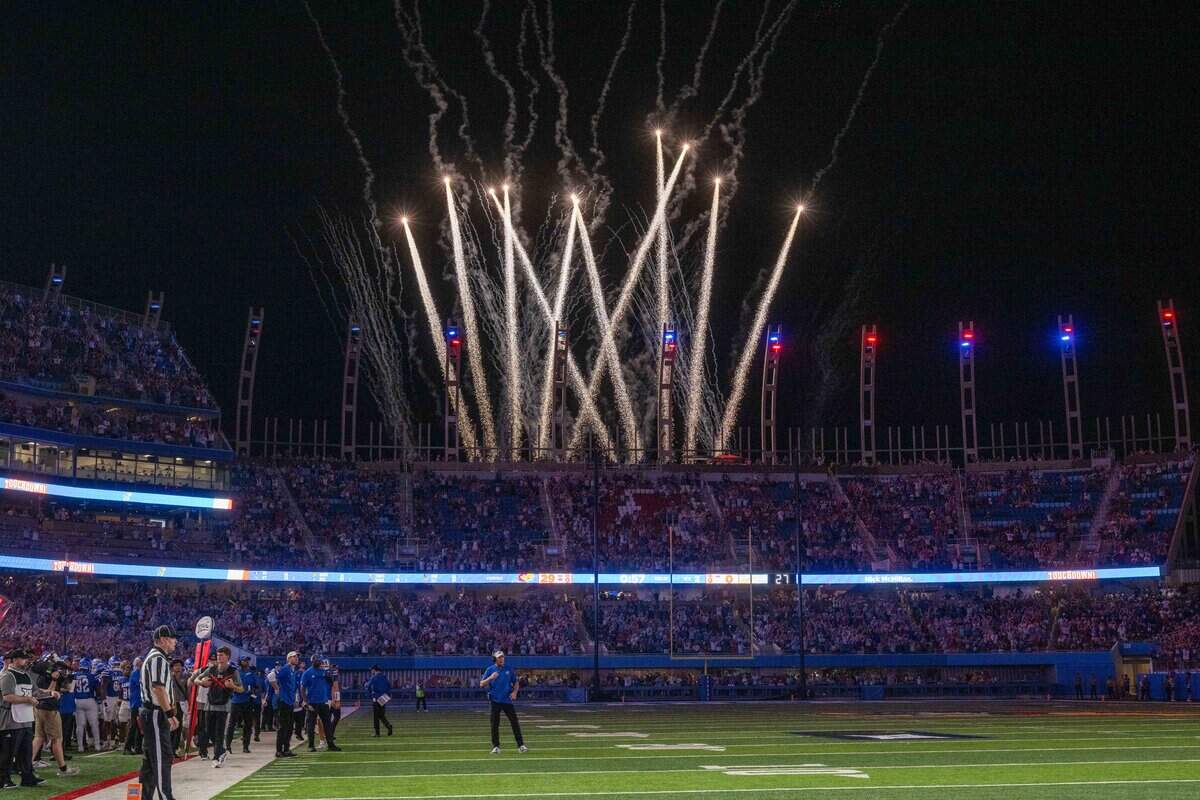 Fireworks go off after another Jayhawks touchdown in the Jayhawks game vs. Long Island University Sharks at David Booth Memorial Stadium on Friday, September 4, 2026, in Lawrence.