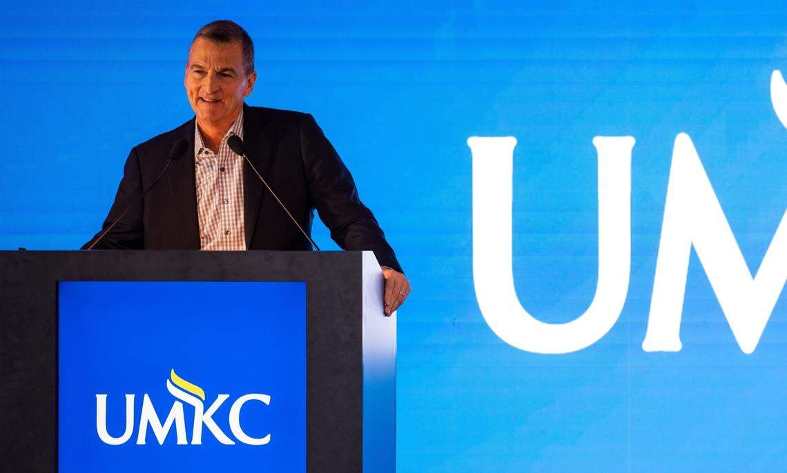 UMKC men’s basketball coach Mark Turgeon speaks to a full crowd at Union Station in his formal introduction on Monday, March, 9.