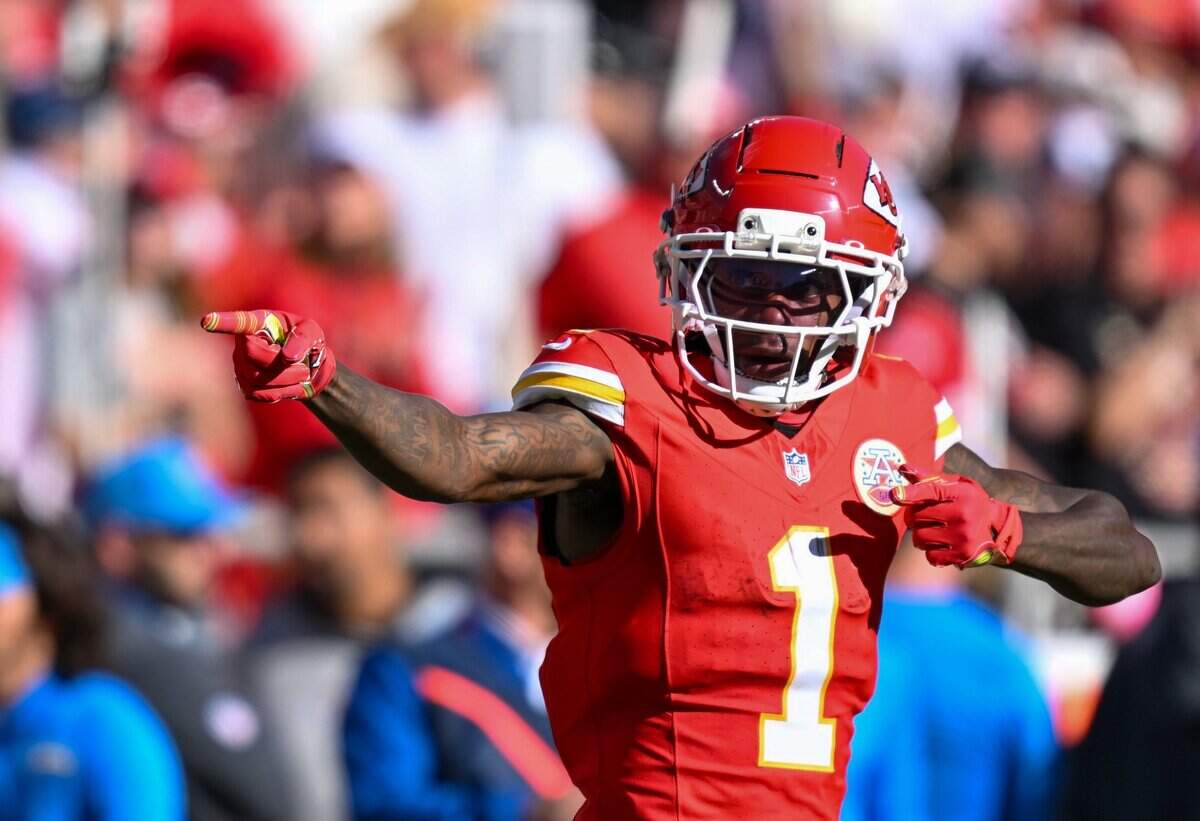 Kansas City Chiefs wide receiver Xavier Worthy (1) signals for the first down in the first quarter of the Kansas City Chiefs vs. Los Angeles Chargers NFL regular season game at Arrowhead Stadium in Kansas City on Oct. 18, 2026.