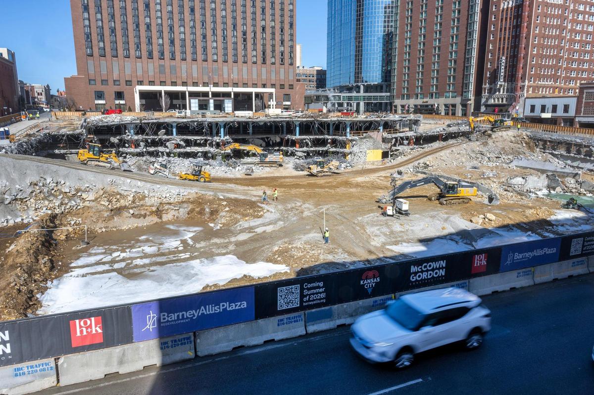 The giant hole left by the demolition is bounded by Central Street to the west, Wyandotte Street to the east, 12th Street to the north and 13th Stret to the south.