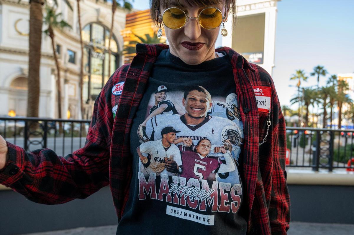 Victoria Klausing, of San Diego, showcases her Patrick Mahomes T-shirt featuring Mahomes as a high schooler on Saturday, Feb. 10, 2024, in Las Vegas.