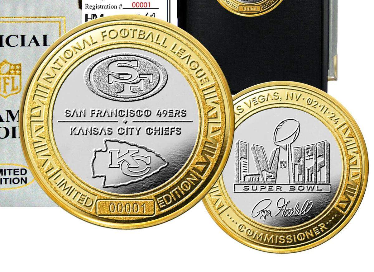 This coin was used at Super Bowl LVIII, which the Chiefs won 25-22 over the 49ers in overtime.