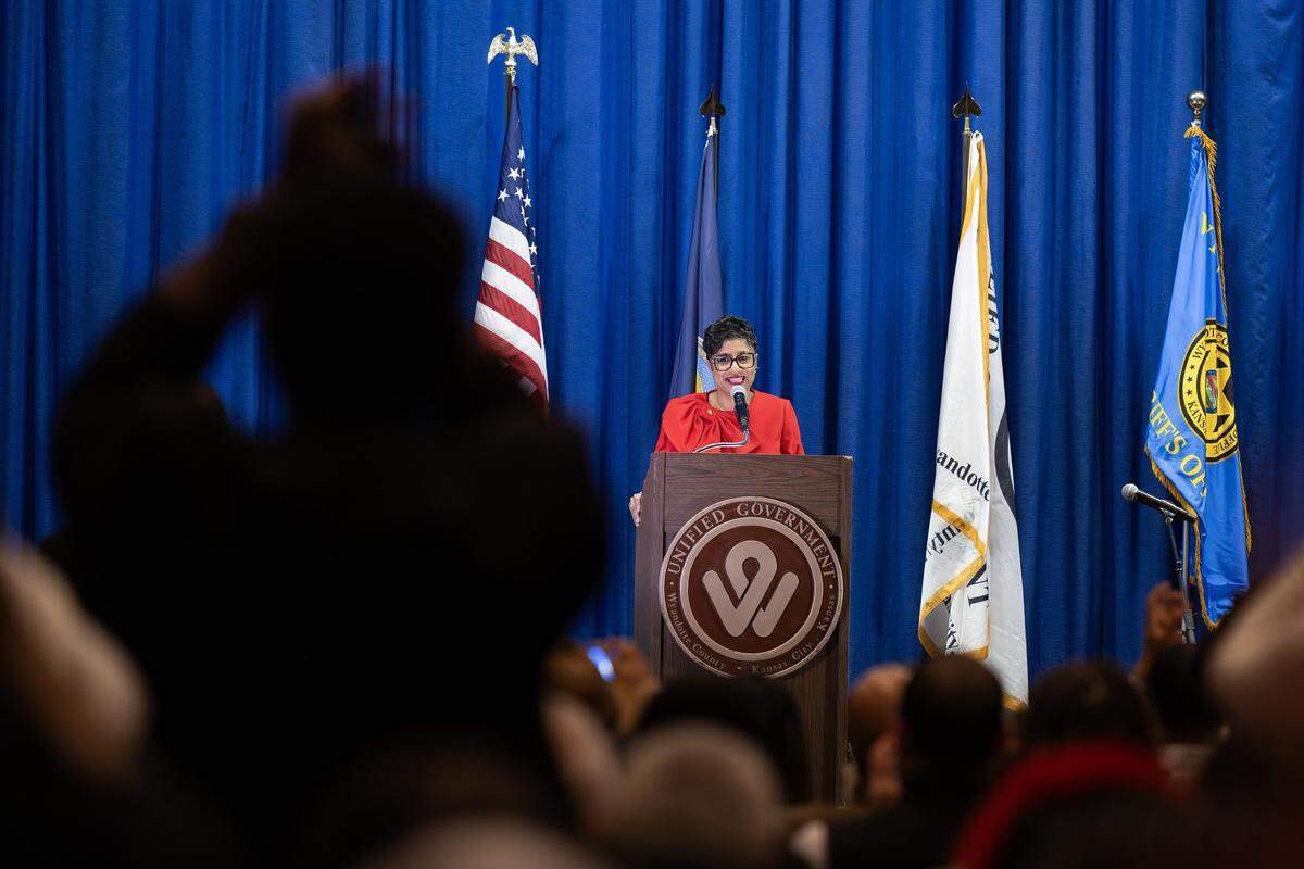 Christal E. Watson delivers remarks after being sworn in as Wyandotte County Unified Government CEO and mayor during an inauguration ceremony at Memorial Hall on Monday, Dec. 15, 2025, in Kansas City, Kansas.