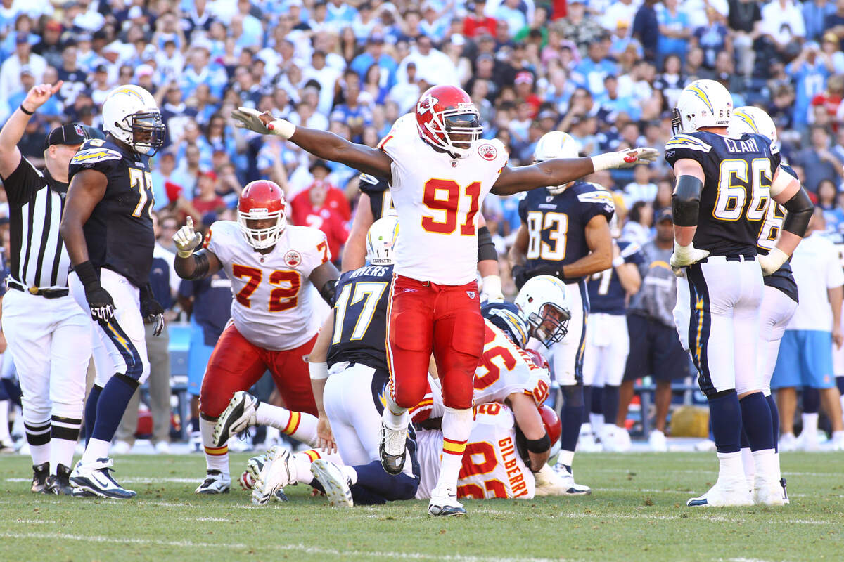 Kansas City Chiefs linebacker Tamba Hali (91) celebrates a big play during the Dec. 12 2010 away game against the San Diego Chargers. The former Kansas City Chiefs linebacker still holds second place in all-time sacks with the team.
