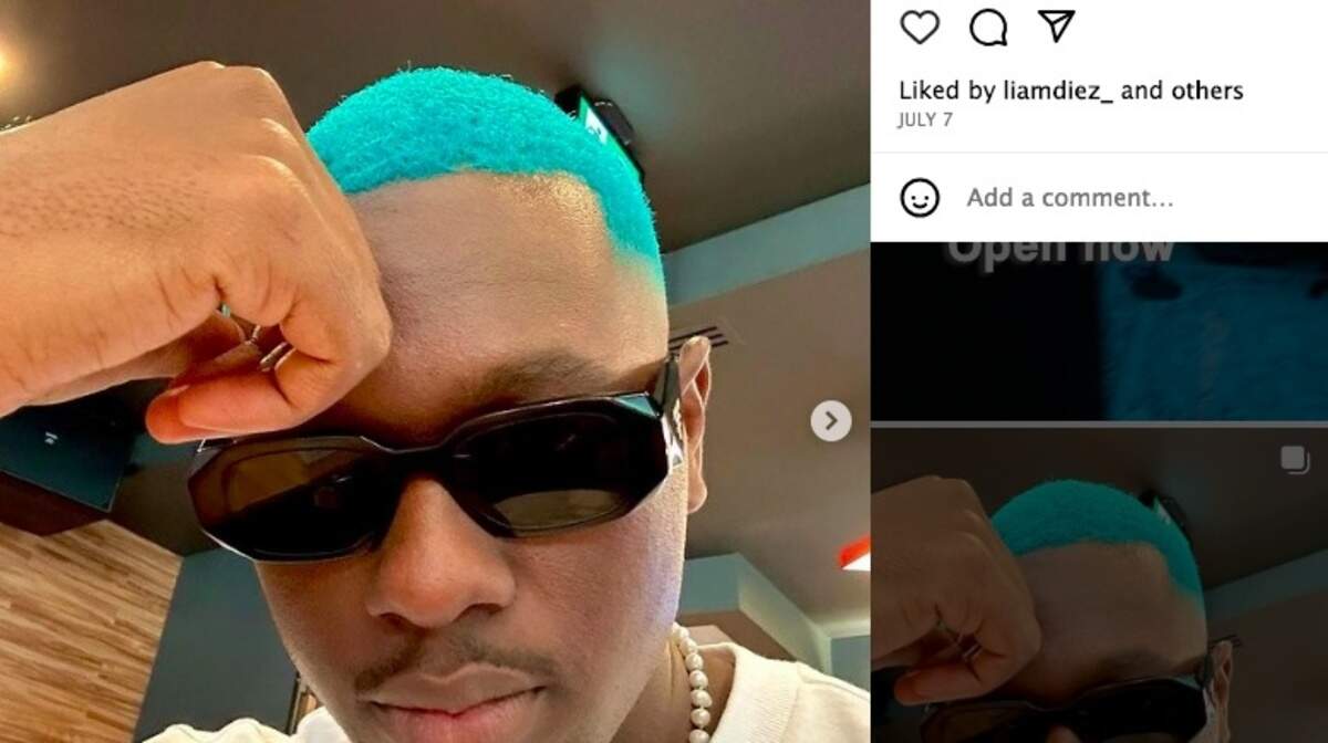Diamond Johnson’s hair is Tiffany blue.