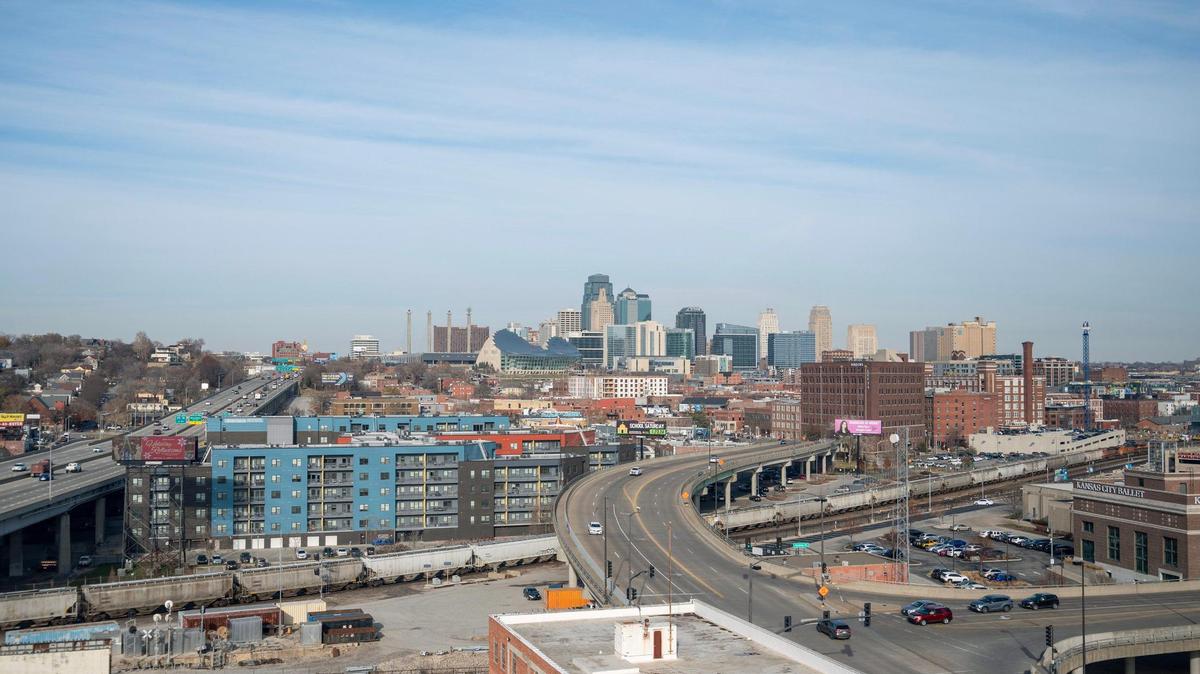 The Kansas City skyline is seen from the KC Wheel at Pennway Point district on Wednesday, Dec. 13, 2023.
