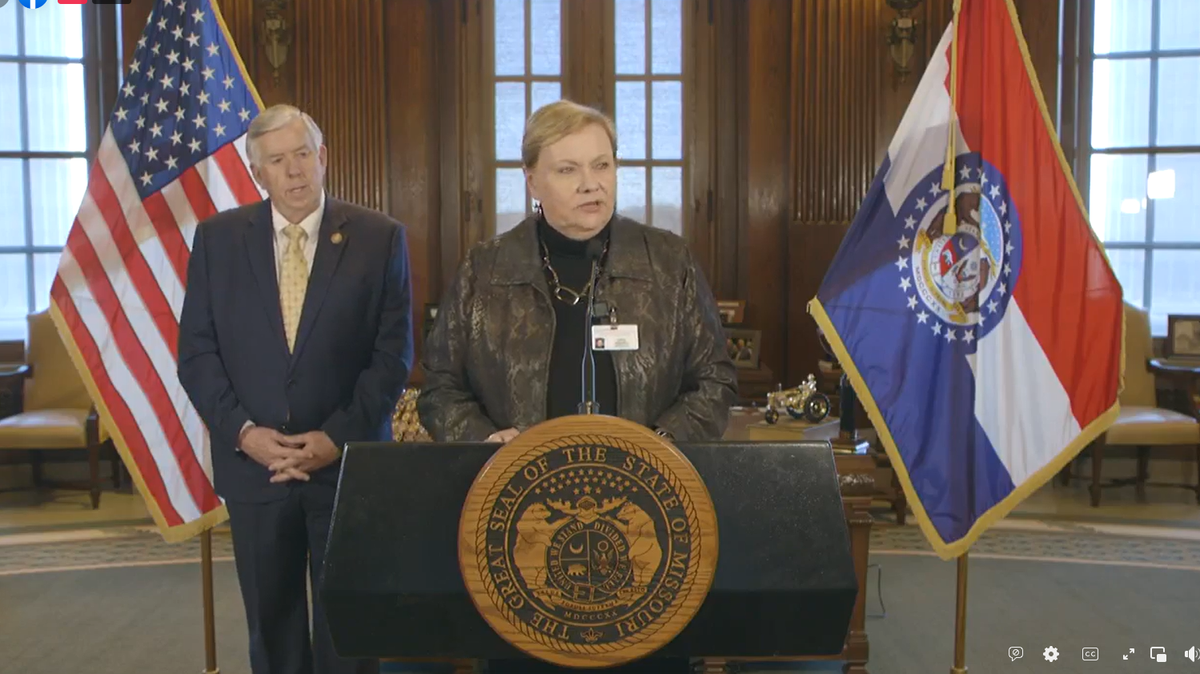 Paula Nickelson, Gov. Mike Parson’s choice to lead the Missouri Department of Health and Senior Services, addresses reporters on Tuesday.