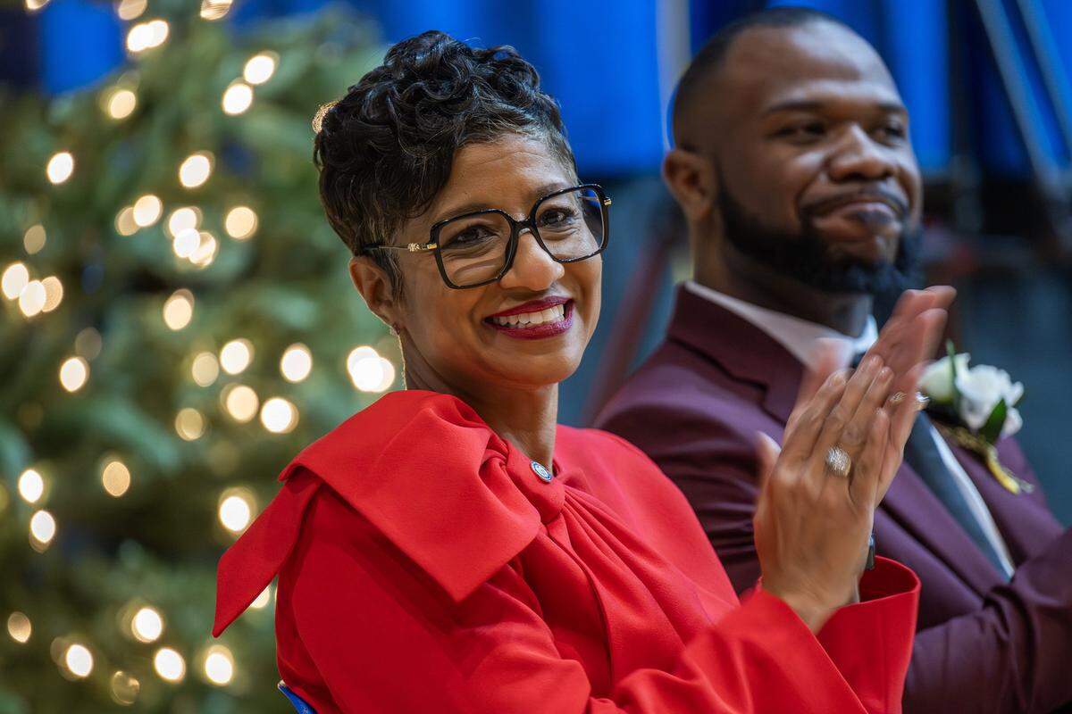 Christal E. Watson applauds during an inauguration ceremony at Memorial Hall on Monday, Dec. 15, 2025, in Kansas City, Kansas.