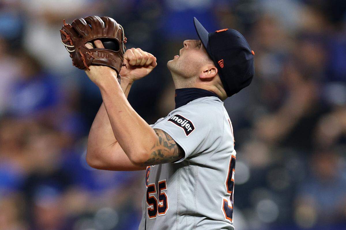 Pitcher Alex Lange #55 of the Detroit Tigers reacts after the final out as the Tigers defeat the Kansas City Royals 3-2 to win the game at Kauffman Stadium on July 17, 2023 in Kansas City, Missouri.