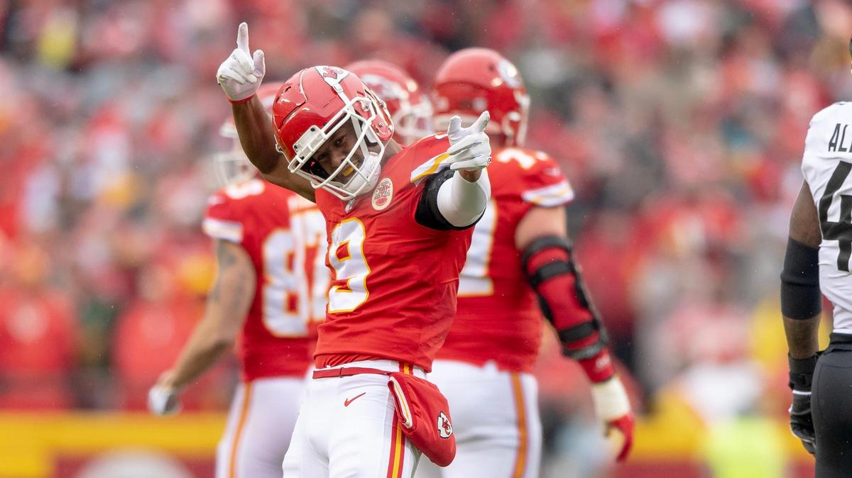 Kansas City Chiefs wide receiver JuJu Smith-Schuster (9) celebrates a first down against the Jacksonville Jaguars during an NFL divisional round playoff game at GEHA Field at Arrowhead Stadium on Saturday, Jan. 21, 2023, in Kansas City.