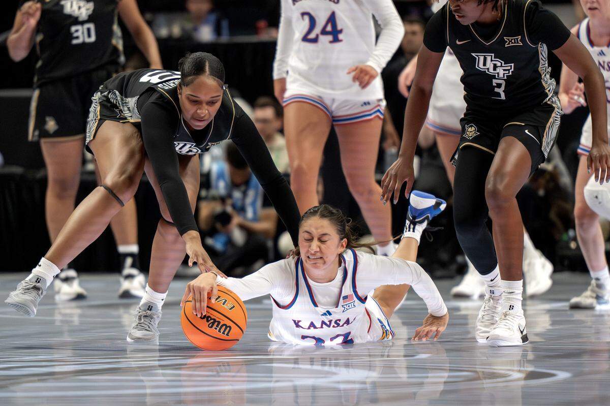 UCF Knights center Mahogany Chandler-Roberts (33) and Kansas Jayhawks guard Brittany Harshaw (23) battle for position during the fourth quarter of the Big 12 Women's Basketball Tournament at T-Mobile Center on Wednesday, March 4, 2026, in Kansas City.