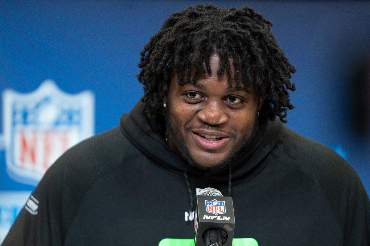 Missouri Tigers lineman and Lee’s Summit North High School product Armand Membou answers questions during the 2025 NFL Combine in Indianapolis. On Thursday, April 24, 2025, Membou was selected seventh overall by the New York Jets in the 2025 NFL Draft in Green Bay, Wisconsin.