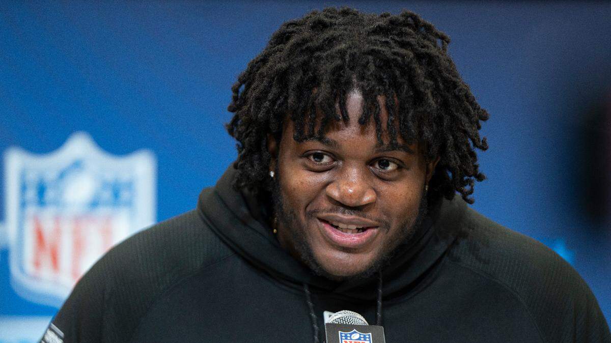 Missouri Tigers lineman and Lee’s Summit North High School product Armand Membou answers questions during the 2025 NFL Combine in Indianapolis. On Thursday, April 24, 2025, Membou was selected seventh overall by the New York Jets in the 2025 NFL Draft in Green Bay, Wisconsin.