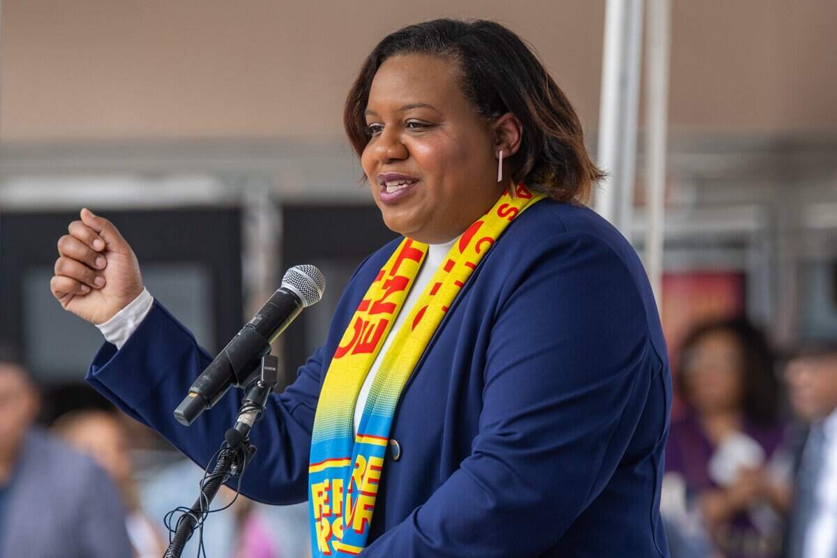 Third District Councilwoman Melissa Robinson speaks at the reopening of the pedestrian mall in the 18th & Vine Jazz District on Wednesday, May 27, 2026, in Kansas City.